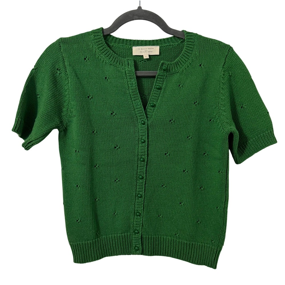 Sezane Organic Cotton Pointelle Short Cardigan Sweater S Green Italy Chic Preppy